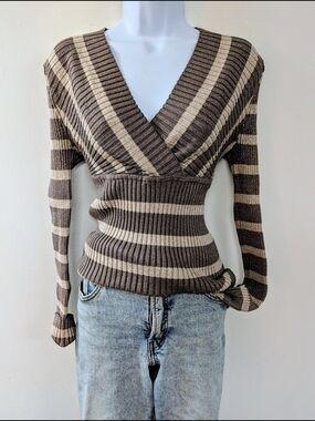 Fitted Striped V-Neck Ribbed Waist Sweater - Brown/Cream